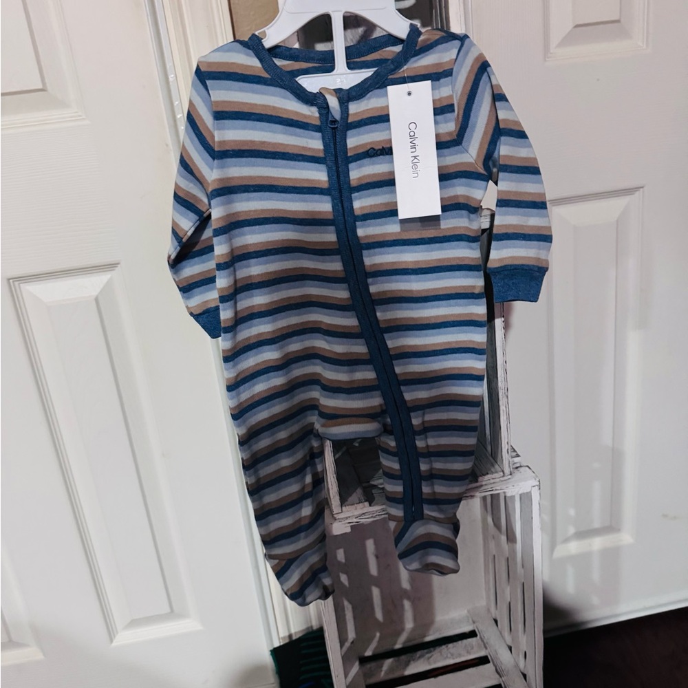 Calvin Klein Blue and White Striped Kids Footie